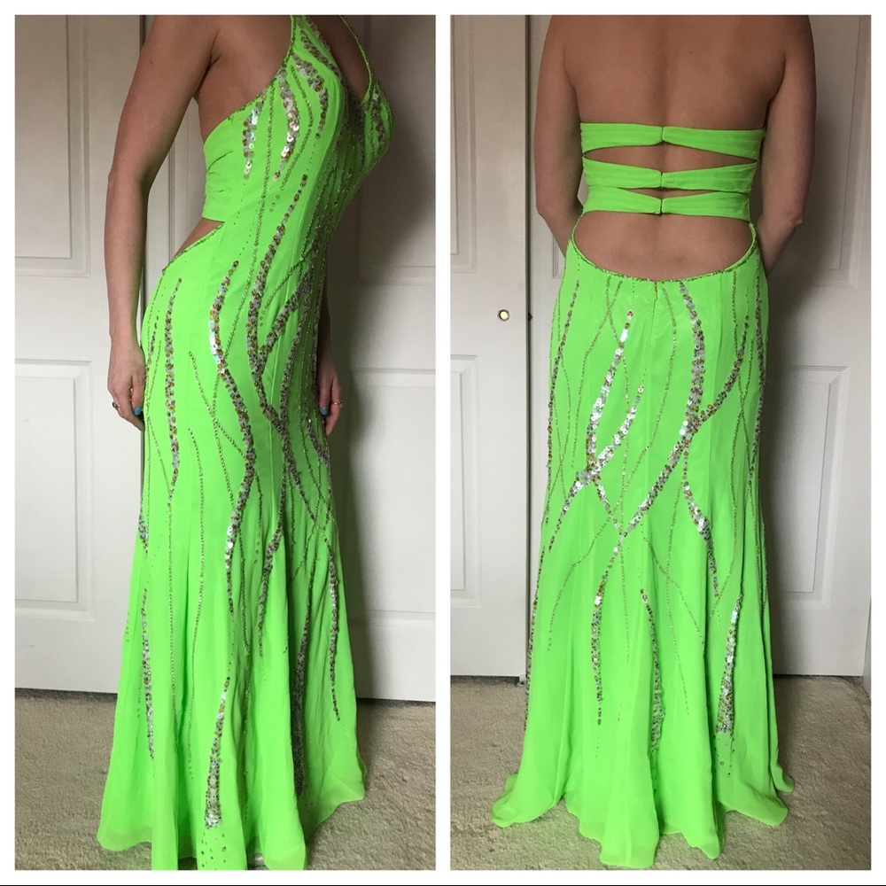 Green beaded open back prom dress